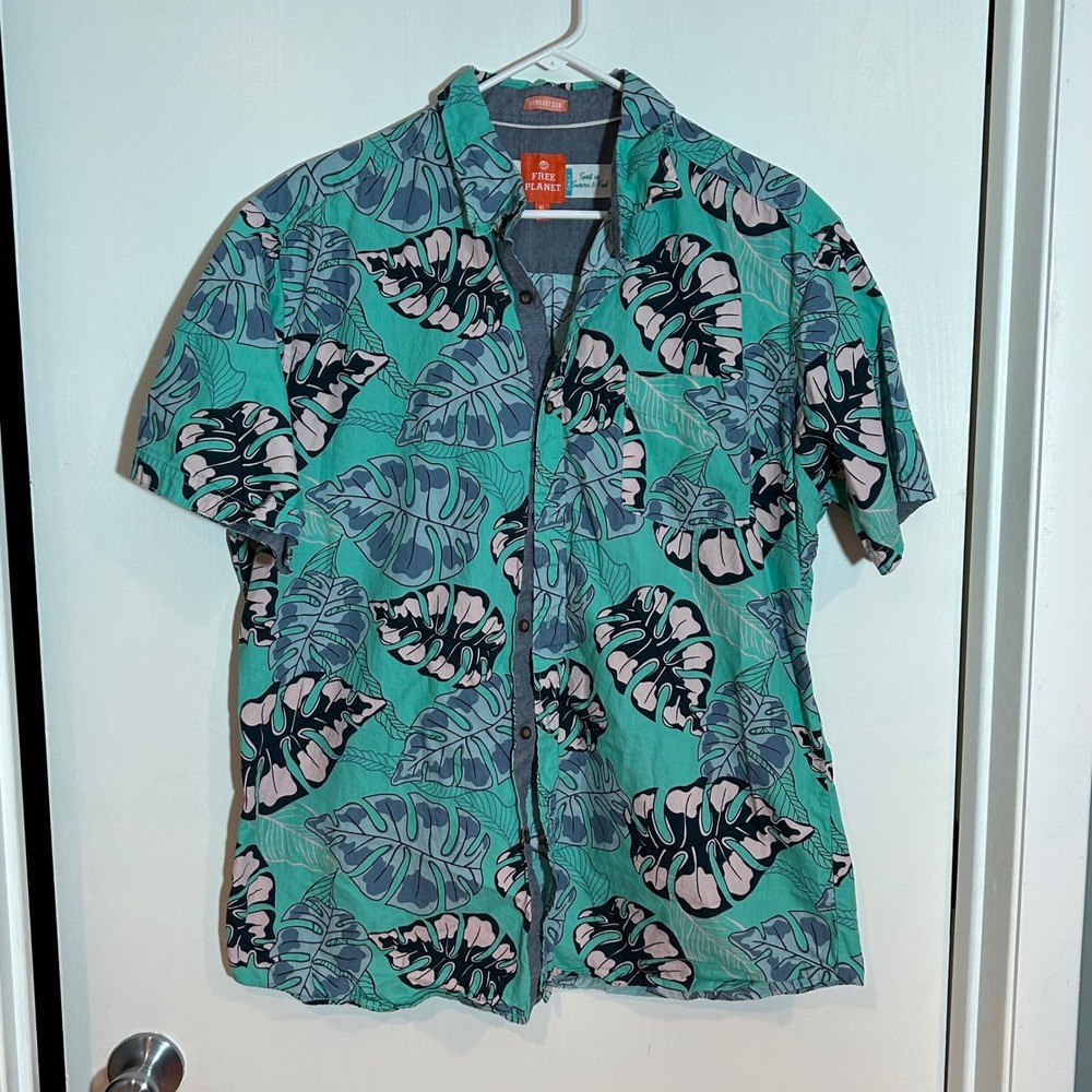 Free Planet Mens XL Teal Tropical Leaf Print Cotton Button Down Shirt